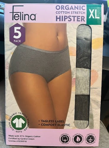 Felina 5-Pack Ladies Size XL, Organic Cotton Stretch Hipster Panties, Open Pack