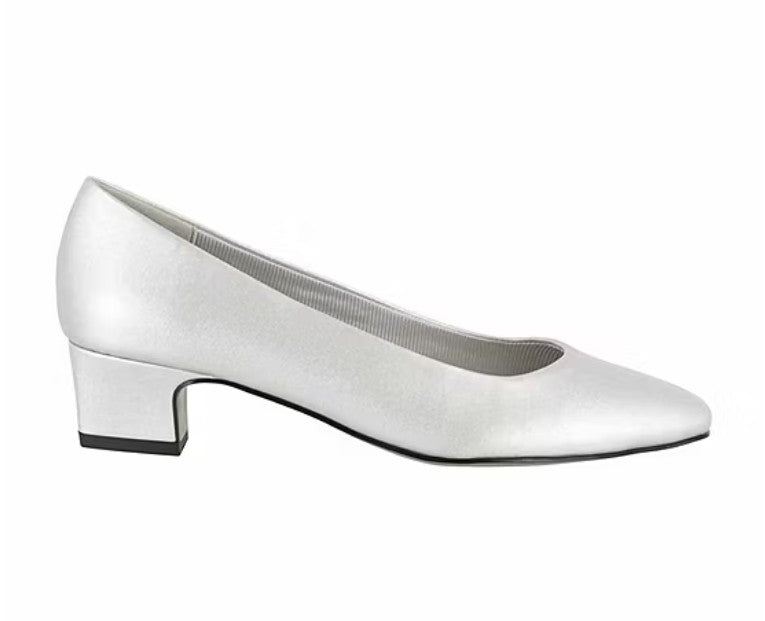 Easy Street Prim Women's Size 8, Pointed Toe Low Heel Pumps, Silver Satin