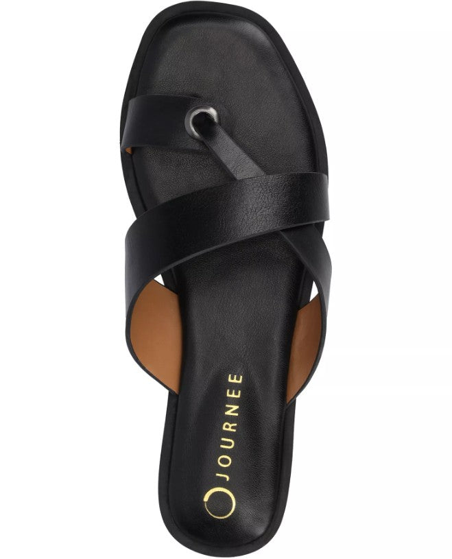 Journee Collection Women's Size 9.5 Prizzie Toe Ring Strappy Flat Sandals, Black