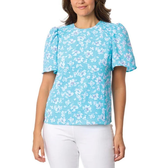 Draper James Women's Size Large (12-14) Flutter Sleeve Blouse, Blue Floral