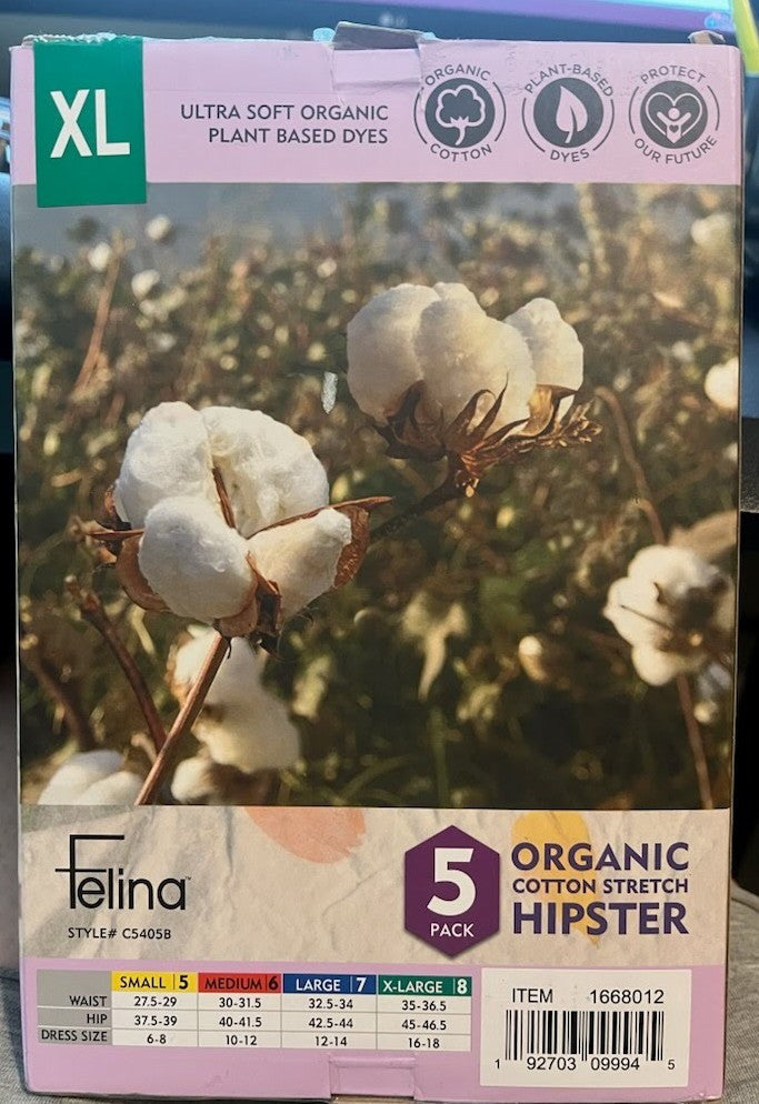 Felina 5-Pack Ladies Size XL, Organic Cotton Stretch Hipster Panties, Open Pack