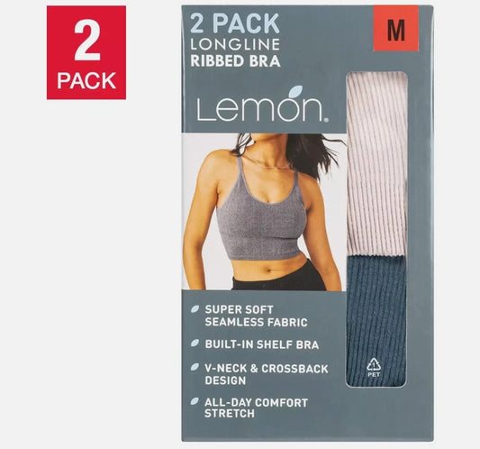 Lemon Women's Size Medium, Ribbed Longline Bras, 2-PACK - Blue (1) Pink (1)