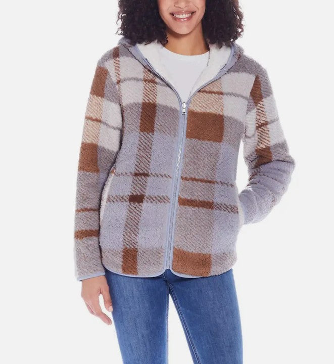 Weatherproof Women Size Large (12/14) Reversible Plush Hooded Jacket, Blue/Brown