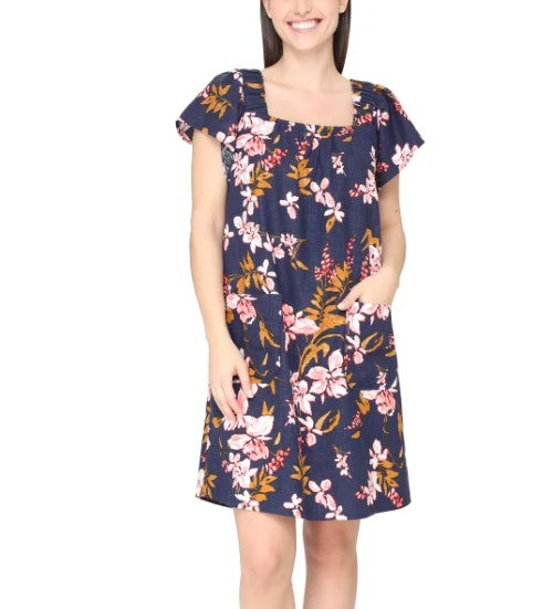 Nicole Miller Ladies' Size XXL (18) Linen Blend Dress, Blue Floral Print