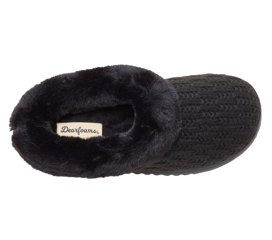 Dearfoams Ladies Medium (7/8), Memory Foam Cozy Knit Slippers, Black, Grade A