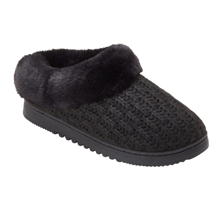 Dearfoams Ladies Medium (7/8), Memory Foam Cozy Knit Slippers, Black, Grade A