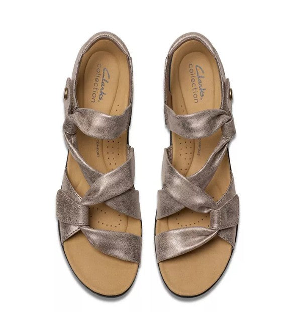Clarks Size 7.5 W, Laurieann Bell Strappy Comfort Sandals, Taupe Metallic, Grade A