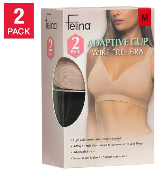 Felina Women's Size Medium Adaptive Cup Wire Free Bra, 2-pack, Open Box