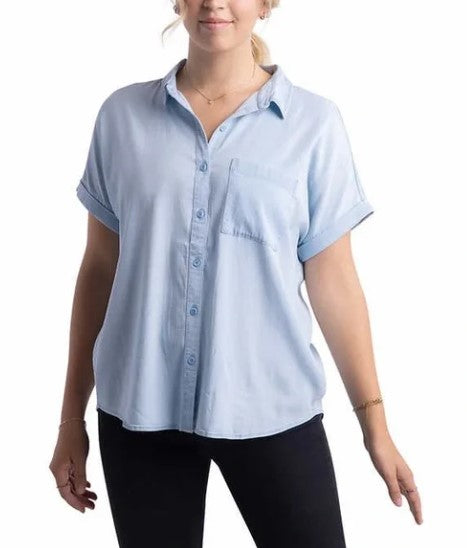 Ecothreads Ladies' Size Small (4-6) Short Sleeve Button Up Top, Light Blue