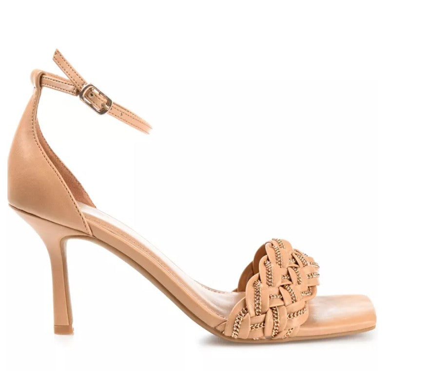 Journee Collection Women Size 8, Mabella Braided Chain Sandals Stilletos, Mocha