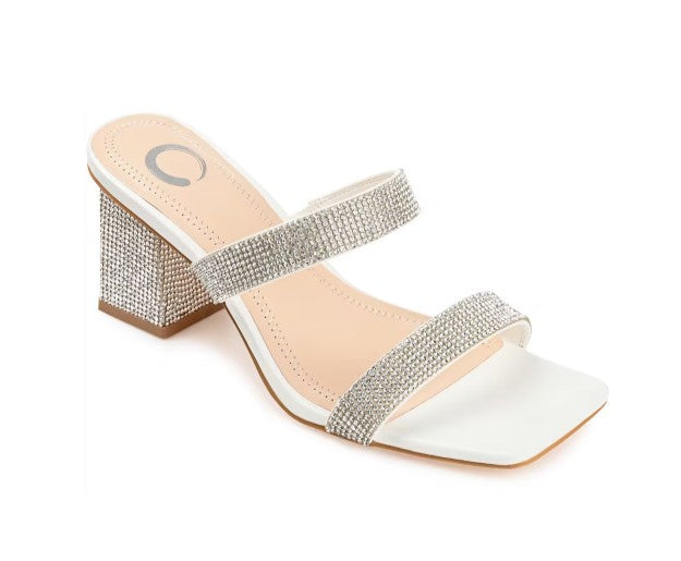 Journee Women's Size 7.5, Shandee Block Heel Dress Sandal, White Rhinestone