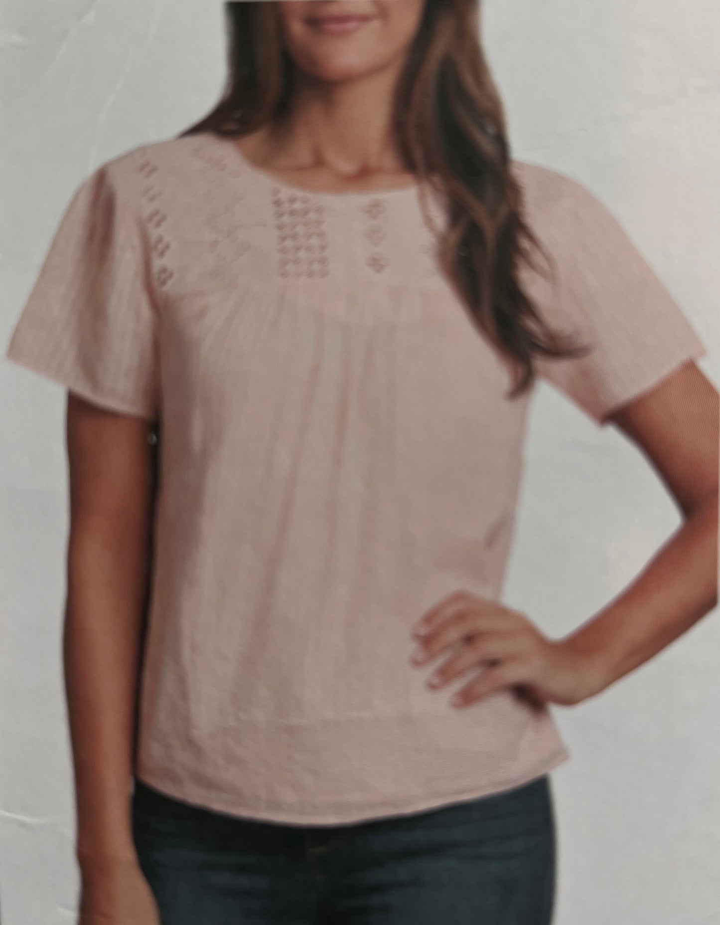 Ella Moss Women's Size Large (12-14) Ruffle Keyhole Back Blouse, Cameo Rose Pink
