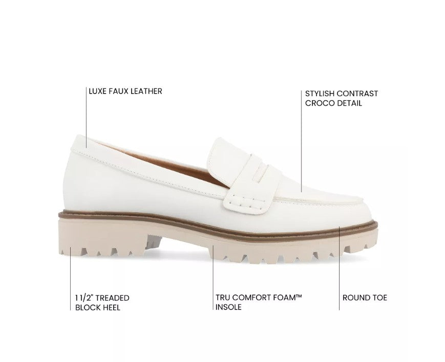 Journee Women's Size 6.5, Kenly Chunky Lug Sole Penny Loafer Shoes, White