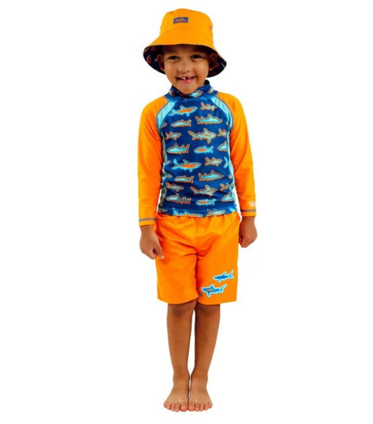 UV Skinz Size 3T Swim Set 3-PC (1) swim shirt (1) board short (1) hat, Sharks