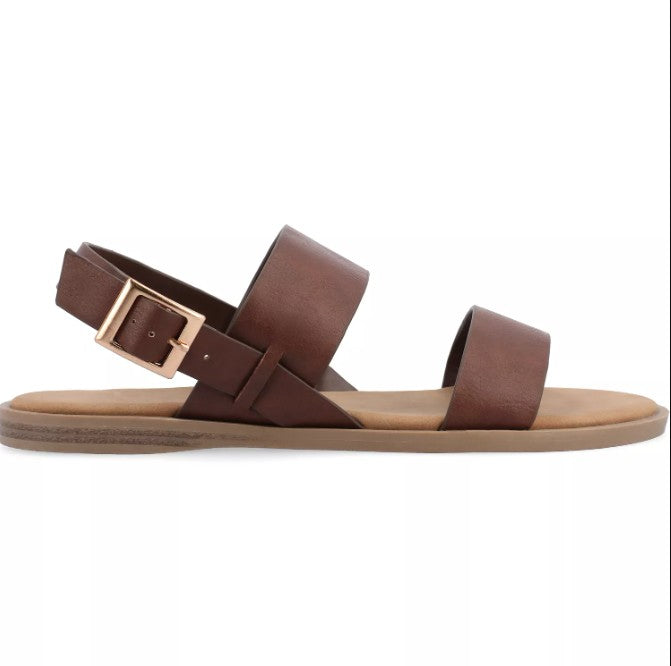 Journee Collection Women's Size 9 Wide, Lavine Double Strap Flat Sandals, Brown