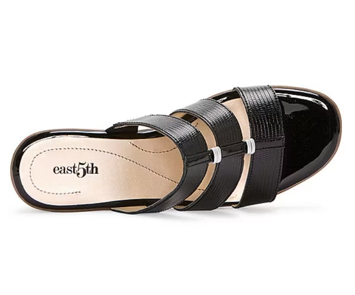 east 5th Women's Size 7.5 Wide, Evergreen Heeled T-Strap Sandals, Black (NO BOX)