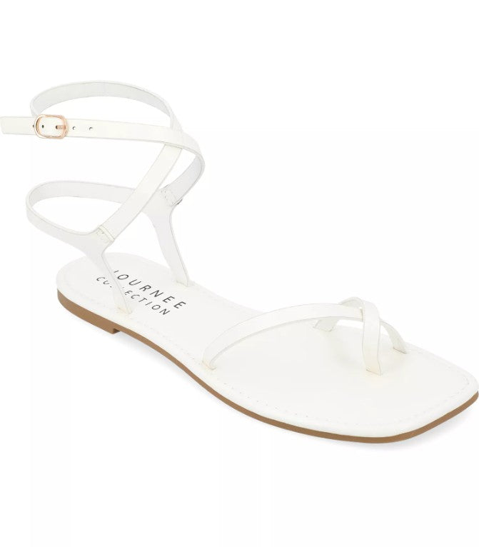 Journee Women's Size 8.5, Charra Strappy Flat Split Toe Sandals, White