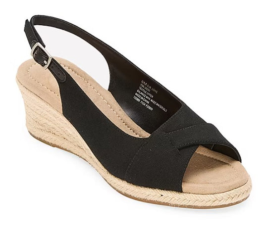 St. John's Bay Women's Size 9 Wide, Lone Slingback Wedge Sandals, Black (NO BOX)