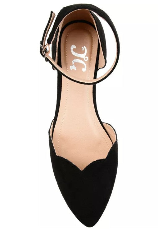 Journee Women's Size 11, Lana Scalloped Edge Ankle Strap Flats, Black Microsuede