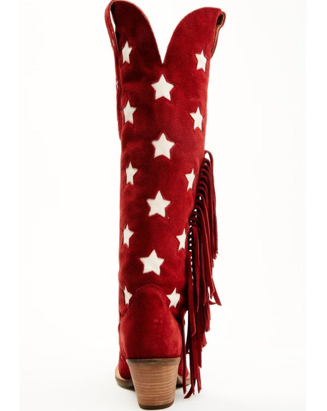 Dingo Women Size 9 M, Super Star Tall Suede Western Fringe Boots, Red Stars