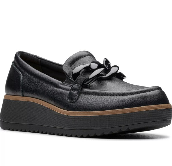 Clarks Women's Size 7 Wide, Zylah May Comfort Shoe Wedge Loafers, Black Leather