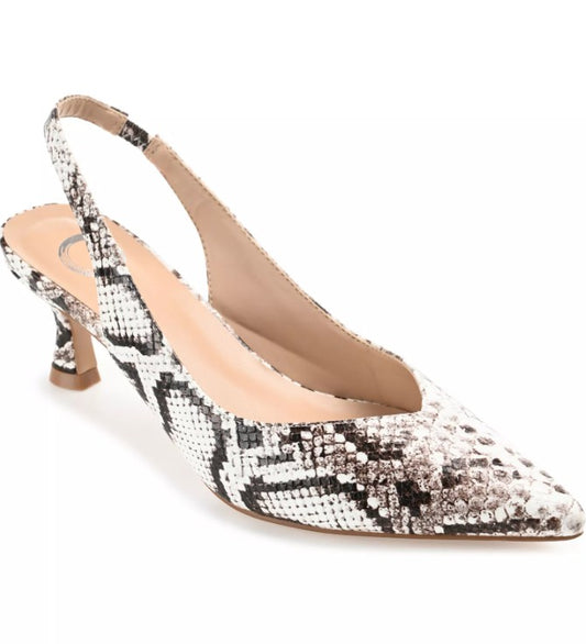 Journee Women Size 8.5 W, Mikoa Slingback Pointed Toe Kitten Heels, Ivory Snake