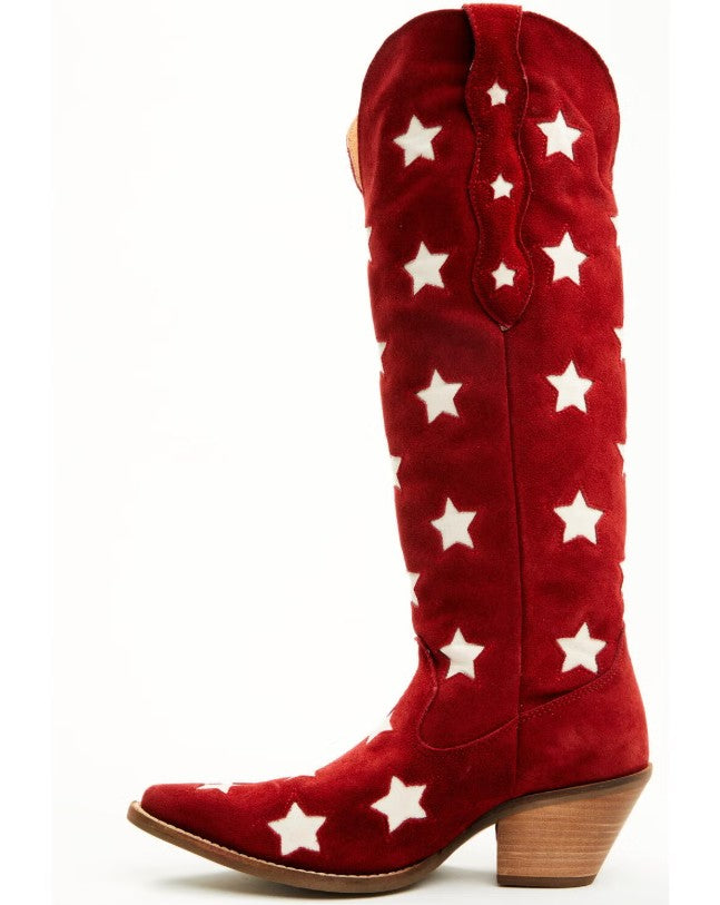 Dingo Women Size 9 M, Super Star Tall Suede Western Fringe Boots, Red Stars
