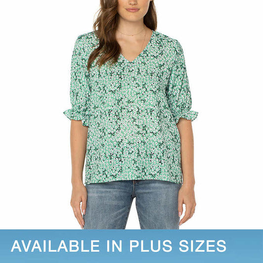 Well Worn Ladies' Size X-Large V-Neck Blouse, Green Print, Customer Return