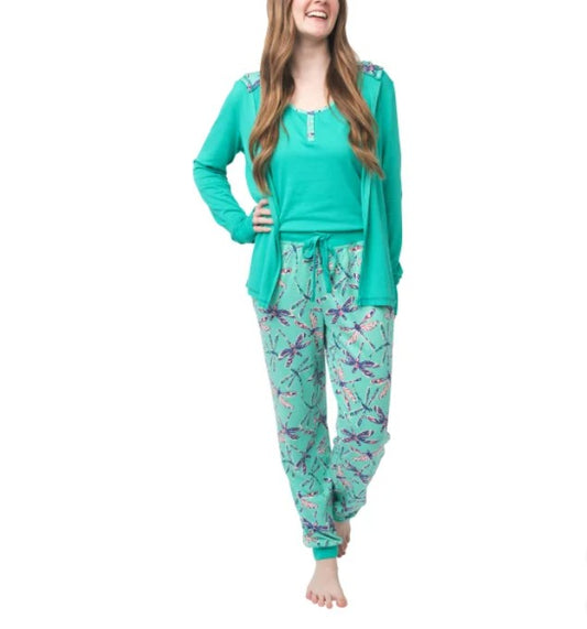 Munki Munki Ladies’ Size Large (10-12) 3 piece Lounge Set, Teal (Dragonflies)