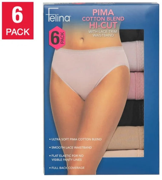 Felina 6-Pack Women's Size XL Hi-Cut with Lace Trim, Open Pack