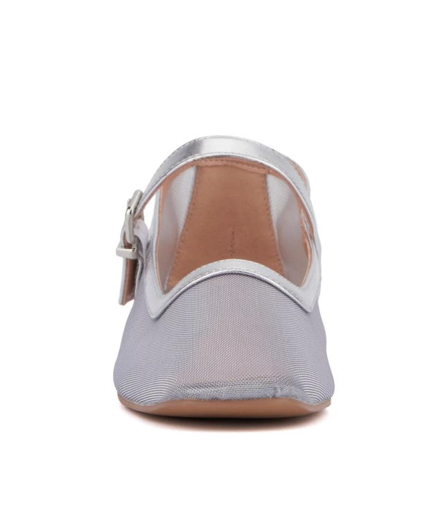New York & Company Women's Size 7.5, Page 2 Maryjane Flat Shoes, Silver Mesh