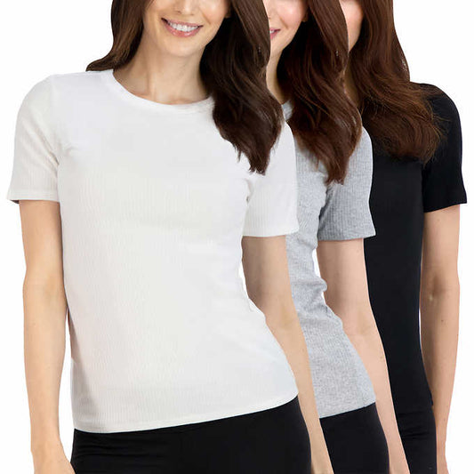 Lucky Brand Ladies’ Size Large Ribbed Crew Short Sleeve T-Shirts, 3-pack, Customer Return