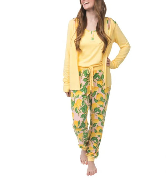 Munki Munki Ladies’ Size Large (10-12) 3 piece Lounge Set, Yellow (Lemons)