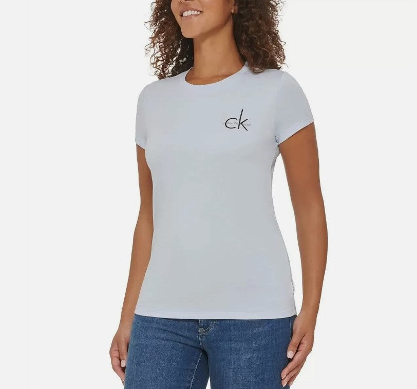 Calvin Klein Jeans Ladies' Size Large Short Sleeve Logo Tee, Light Blue, Customer Return