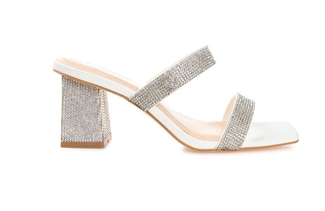 Journee Women's Size 7.5, Shandee Block Heel Dress Sandal, White Rhinestone