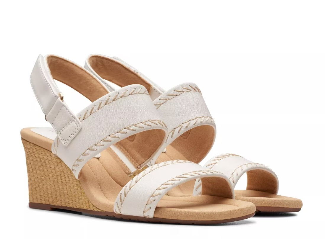Clarks Women's Size 7, Kyarra Rose Wedge Sandals, White Leather