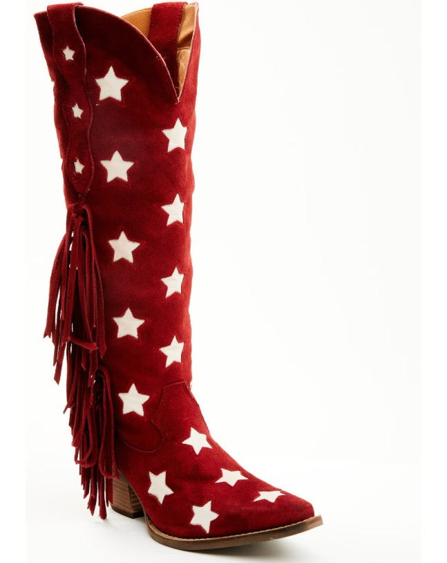 Dingo Women Size 9 M, Super Star Tall Suede Western Fringe Boots, Red Stars
