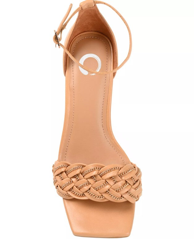Journee Collection Women Size 8, Mabella Braided Chain Sandals Stilletos, Mocha
