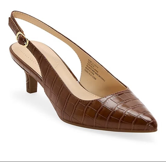 Liz Claiborne Women's Size 8.5, Keith Pointed Toe Kitten Heel Pumps, Brown Croc