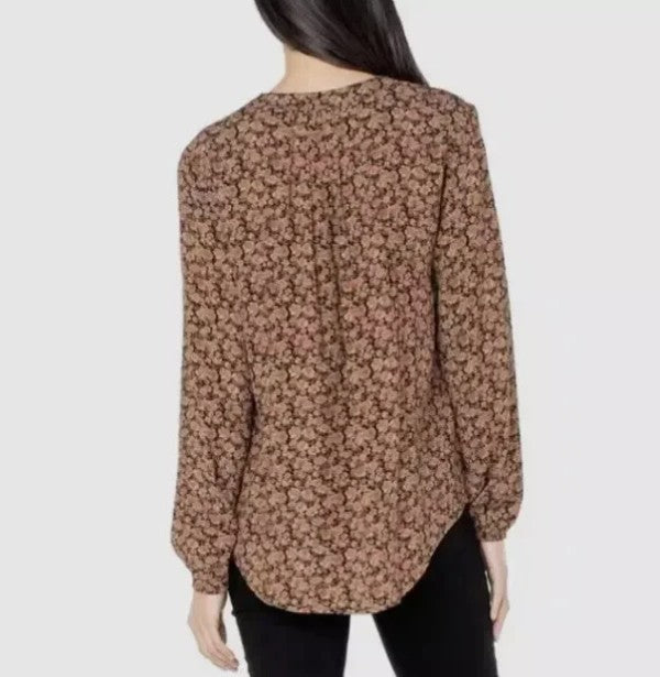 Well Worn Women's Size Small (4-6), Split Neck Long Sleeve Blouse, Brown Floral