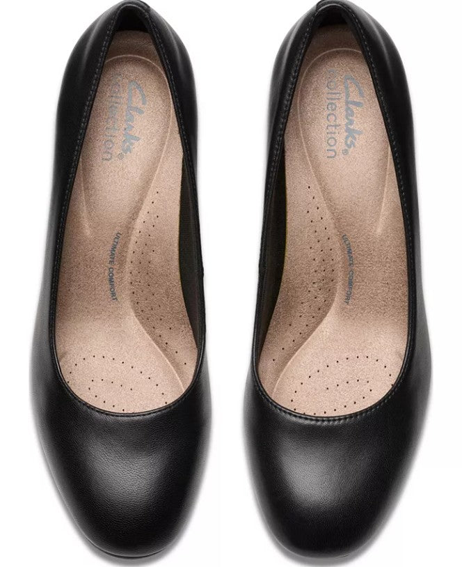 Clarks Women's Size 10, Olivette Cultured Pearl Wedge Heel Pumps, Black Leather