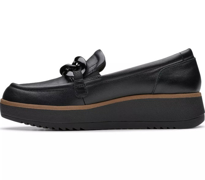 Clarks Women's Size 7 Wide, Zylah May Comfort Shoe Wedge Loafers, Black Leather