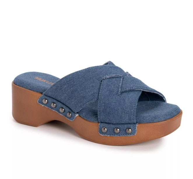 MUK LUKS Women's Size 9, Cadence Criss Cross Slide Sandals, Denim Blue