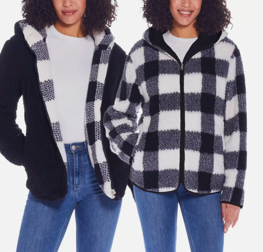 Weatherproof Women Size Small (4-6), Reversible Plush Hooded Jacket, Black/White
