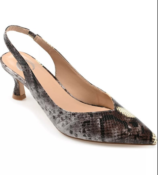 Journee Women Size 8.5 W, Mikoa Slingback Pointed Toe Kitten Heels, Brown Snake