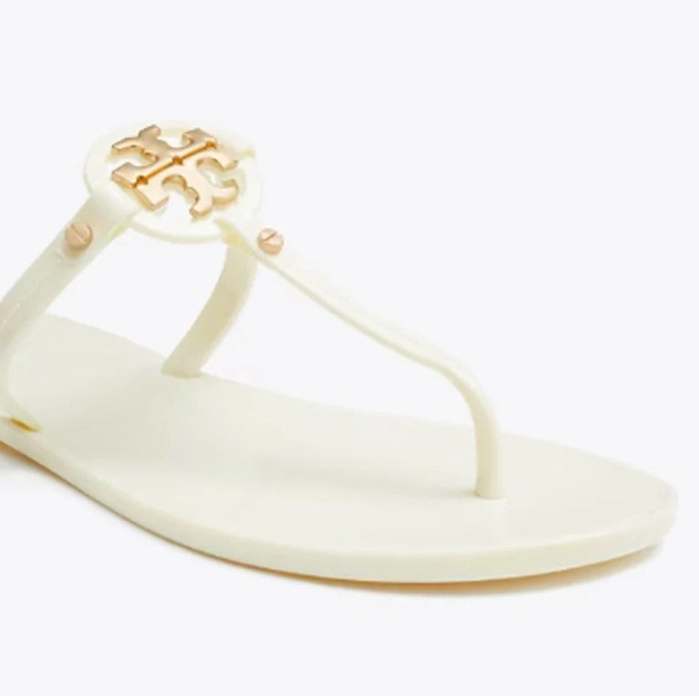 Tory Burch Ladies' Size 7 Mini Miller Flat Thong Jelly Sandal, Ivory / Gold