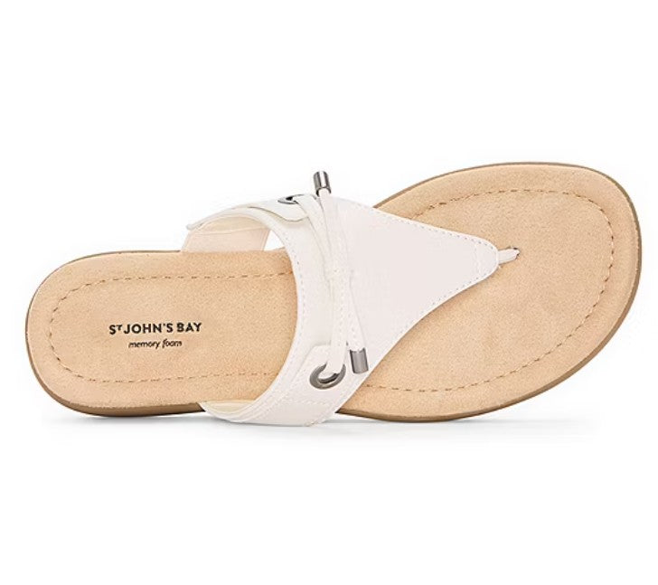 St. John's Bay Women's Size 11 M, Arden T-Strap Flat Sandals, Cream (NO BOX)