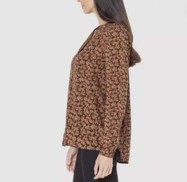 Well Worn Women's Size Small (4-6), Split Neck Long Sleeve Blouse, Brown Floral