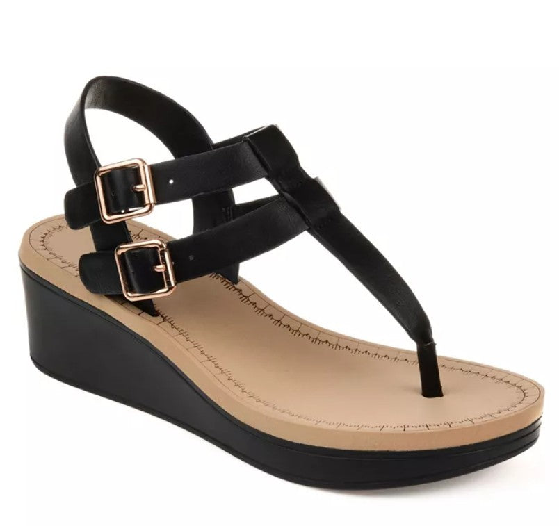 Journee Women's Size 6, Bianca Double Buckle Platform Wedge Sandals, Black