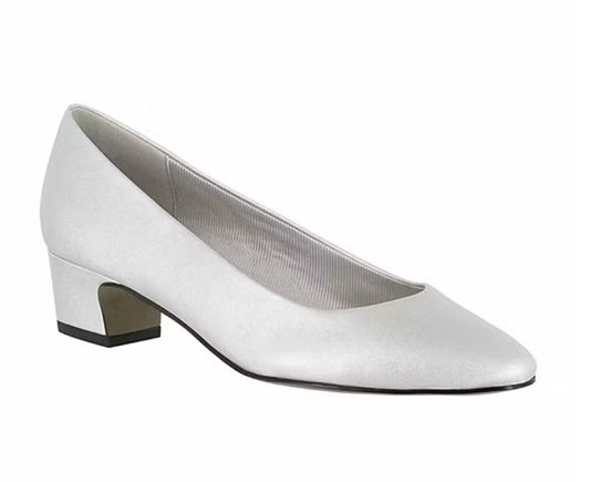 Easy Street Prim Women's Size 8, Pointed Toe Low Heel Pumps, Silver Satin